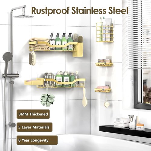 NESOMI Shower Caddy - Rustproof Stainless Steel Adhesive Organizer | 7-Pack Bathroom Storage with Soap Dish & Hooks