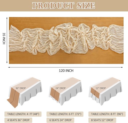 Cheesecloth Table Runner - 10 Ft Boho Rustic Sheer Gauze for Centerpiece Decor | Beige, 1 Piece