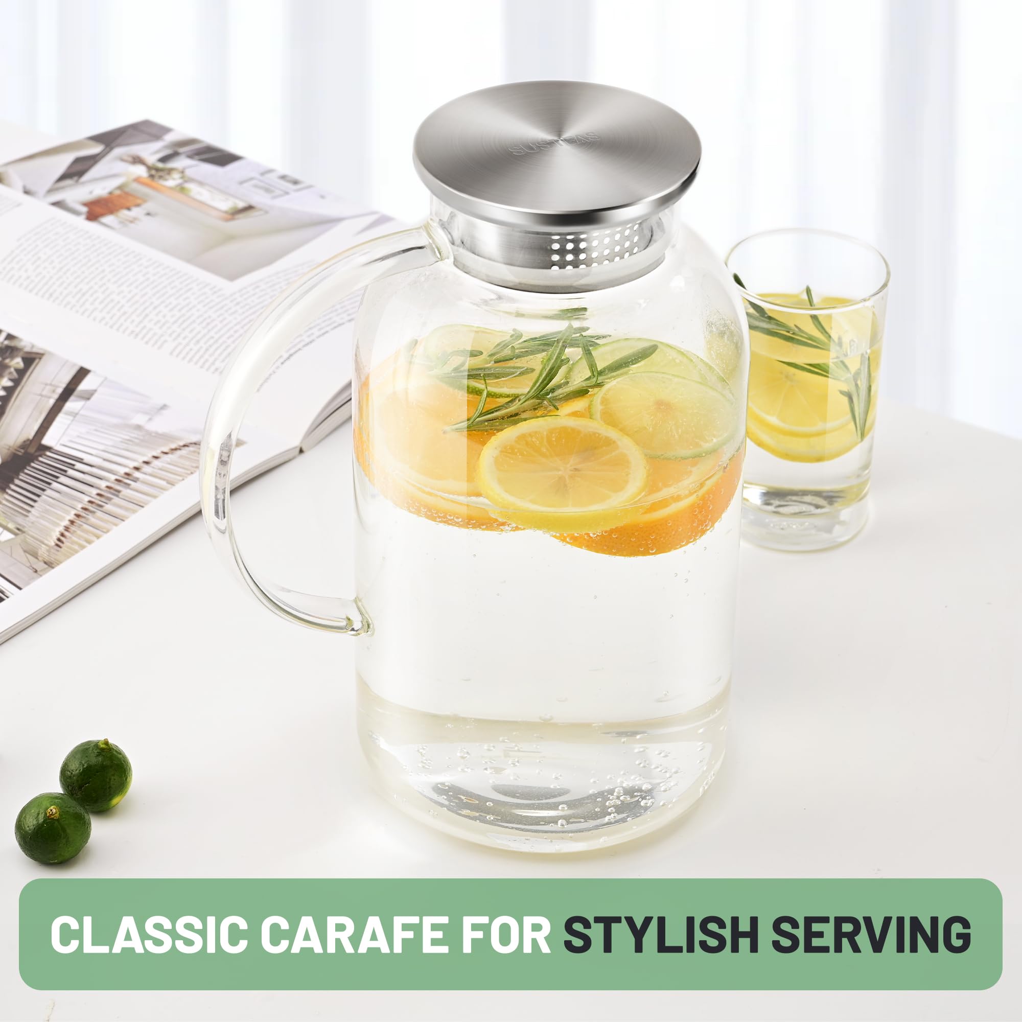 SUSTEAS 2.2 Liter 75oz Glass Pitcher with Lid, Easy Clean Heat Resistant Glass Water Carafe with Handle for Hot/Cold Beverages - Water, Cold Brew, Iced Tea & Juice, 1 Long-Handled Brush Included