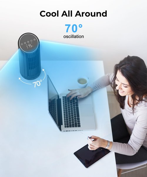 Abolee Tower Fan, 23ft/s Desk Fan with Remote, 70° Oscillating, Standing Table Fan with 4 Speeds, 4 Modes, 12Timer, 2026 New 13'' Bladeless Fan for Bedroom Office, Home
