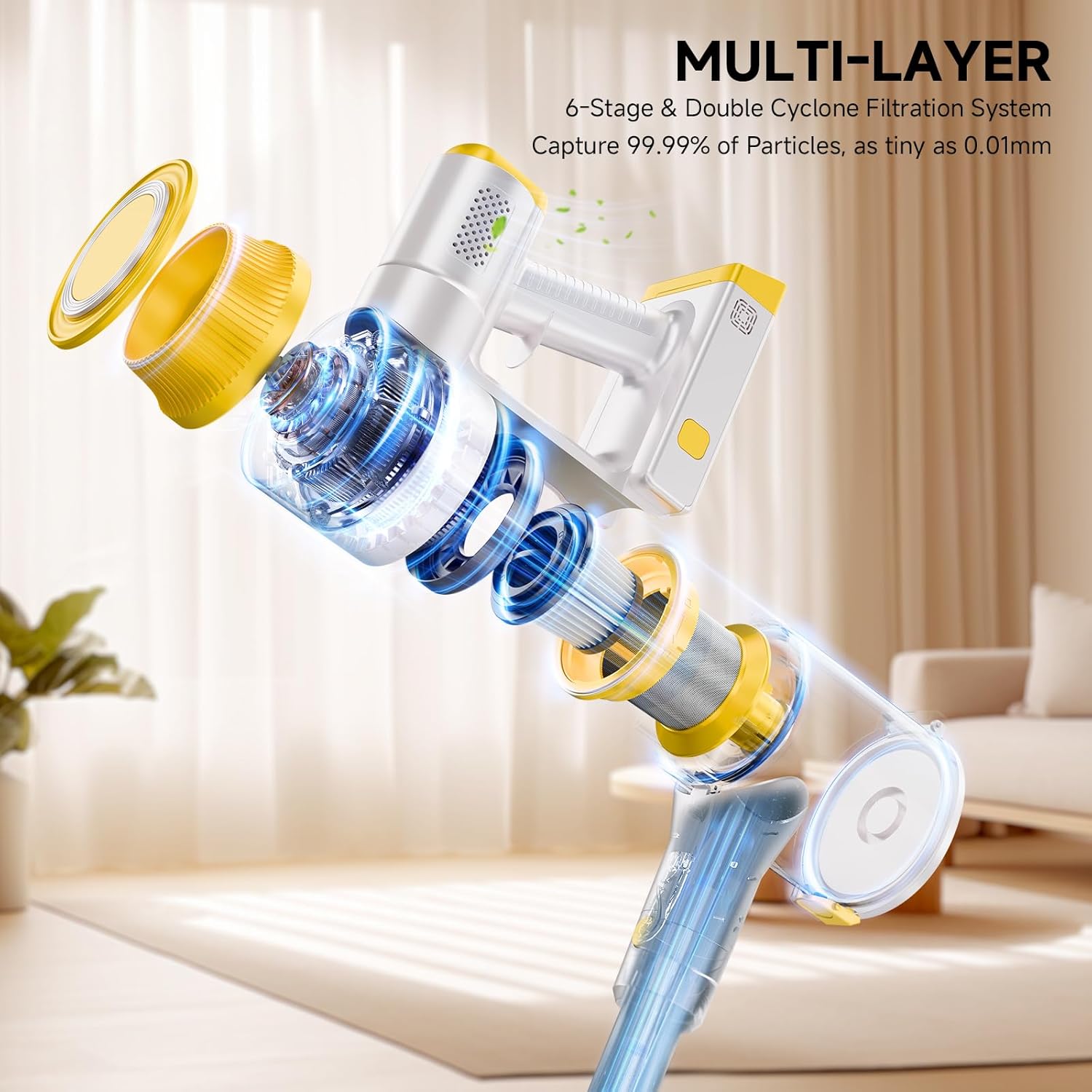 Skiennix Cordless Vacuum Cleaner - 35Kpa Powerful Suction | 45-Minute Runtime, LED Display, Anti-Tangle, Wall Mount - Yellow