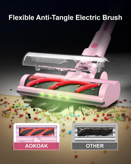 AOKOAK Pink Cordless Vacuum Cleaner, 45Kpa/550W/60 Mins Runtime Stick Vacuum with Self-Standing and Touch Screen, Anti-Tangle Wireless Vacumm, Vacuum Cleaners for Home/Pet Hair/Carpets/Floors