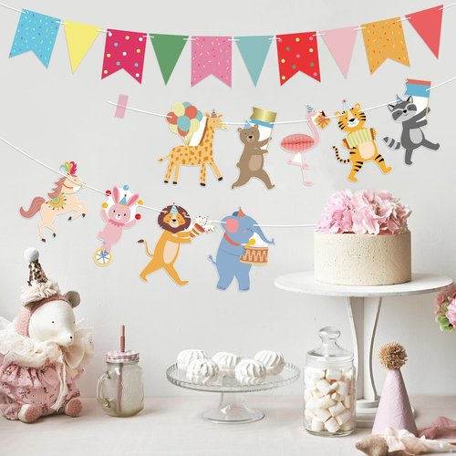 Hooqict Animal Party Banner with Colorful Pennant Banner Flag Animal Parade Birthday Decorations Happy Birthday Garland for Kids Girls Boys Zoo Carnival Circus Party Decorations Supplies