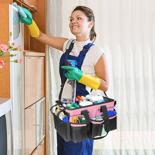 BOHEMIABY Cleaning Bags for Housekeepers, Large Cleaning Supplies Organizer with Handles & Shoulder Strap, Cleaning Caddy Bag with Foldable Divider for Cleaners, Car Horse Cleaning Bag(Pink)