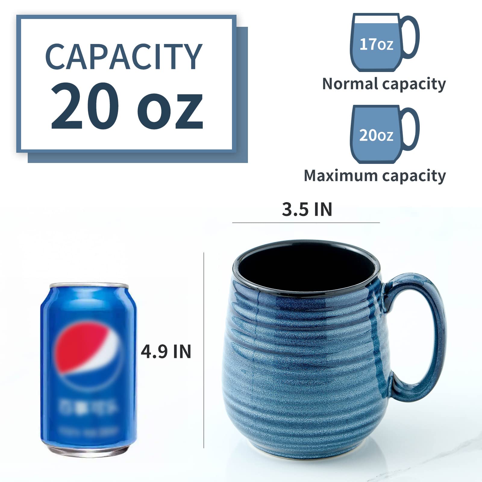 HASENSE Coffee Mug, 20 oz Ceramic Coffee Cup for Men and Women, Large Coffee Mug for Latte Coffee Tea Soup for Office and Home, Dishwasher and Microwave Safe, 1 PCS (Blue)