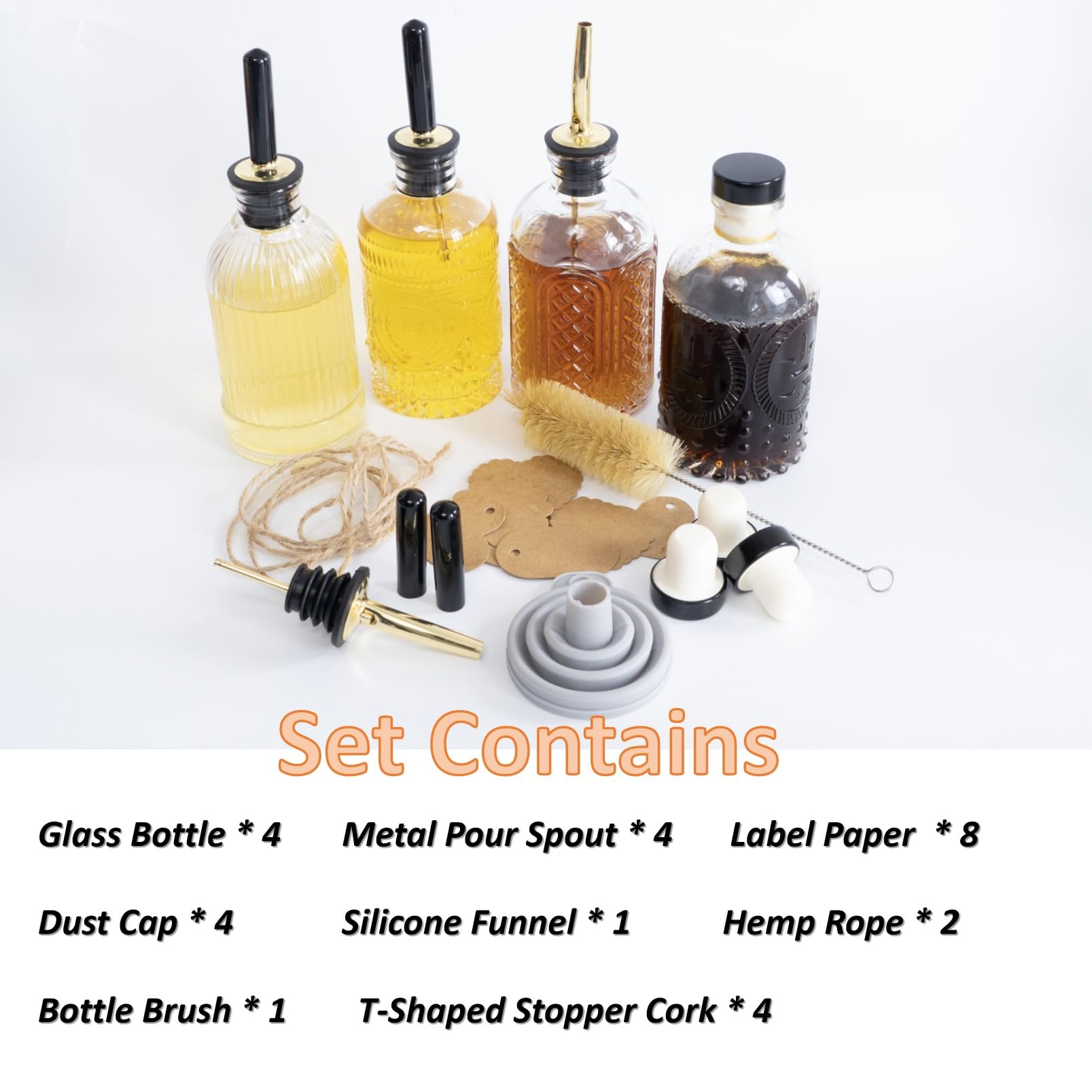 Syrup Dispenser Bottles Set,4 pcs 7oz Glass Coffee Syrup Bottle,Coffee Bar Accessories with Metal Pour Spout Ideal and labels for Coffee Syrups,Coffee bar