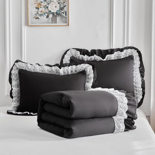 Joyreap Queen Size Comforter Set Black, 3pcs Lace Ruffled Bedding Comforter Set, Microfiber Vintage Gothic Boho Chic Bedding Set for All Season- 88x88 inches