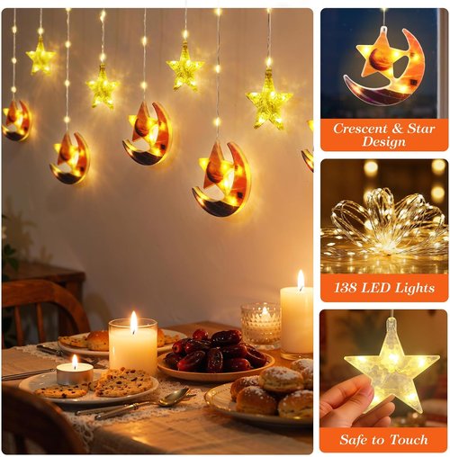 Lewondr LED Moon Star Curtain String Lights - 138 Fairy Lights with Remote Control & Timer | Perfect for Ramadan Decor
