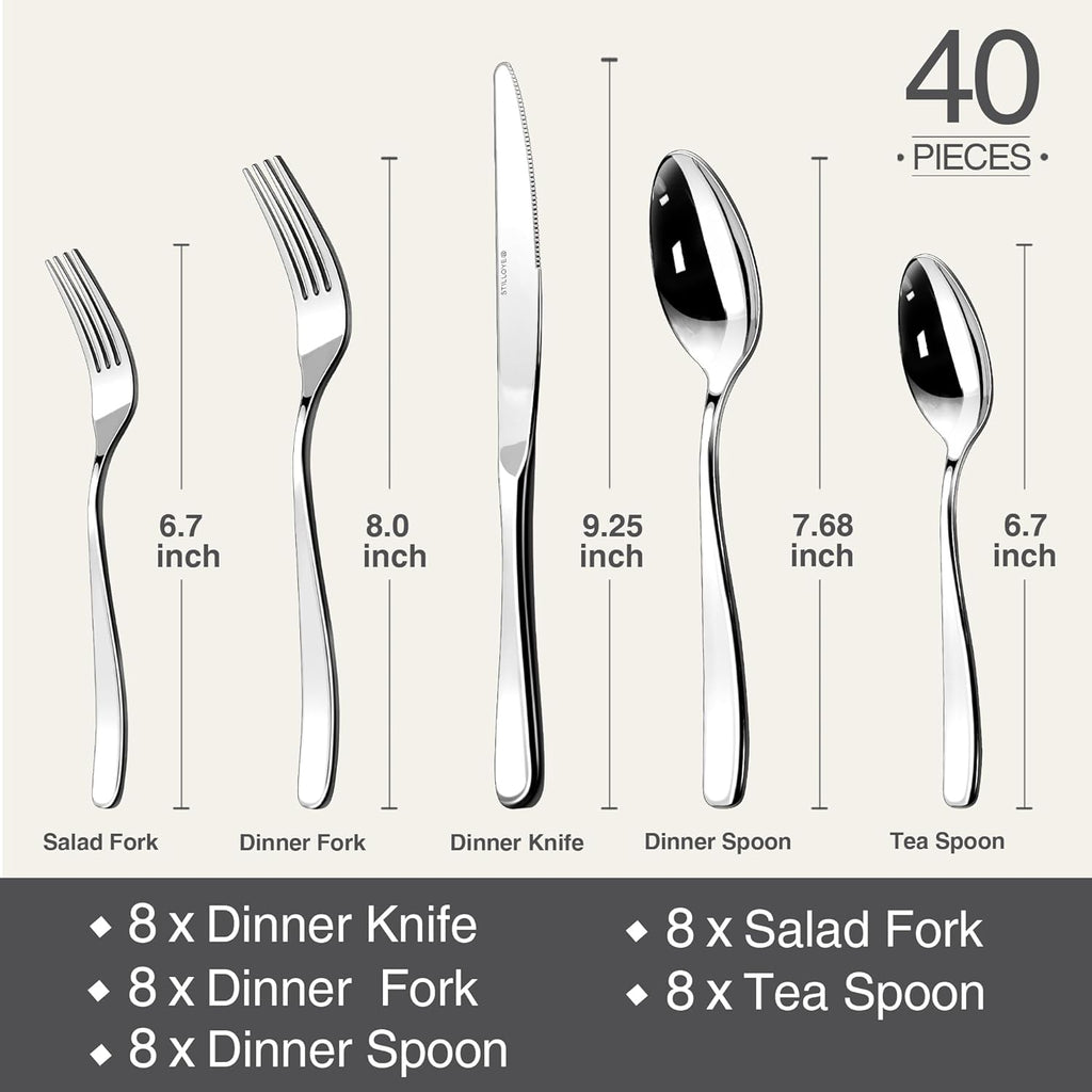 Regine Switzerland 40-Piece Silverware Set for 8 - Mirror Polished Stainless Steel Utensils | Dishwasher Safe & Rust Proof