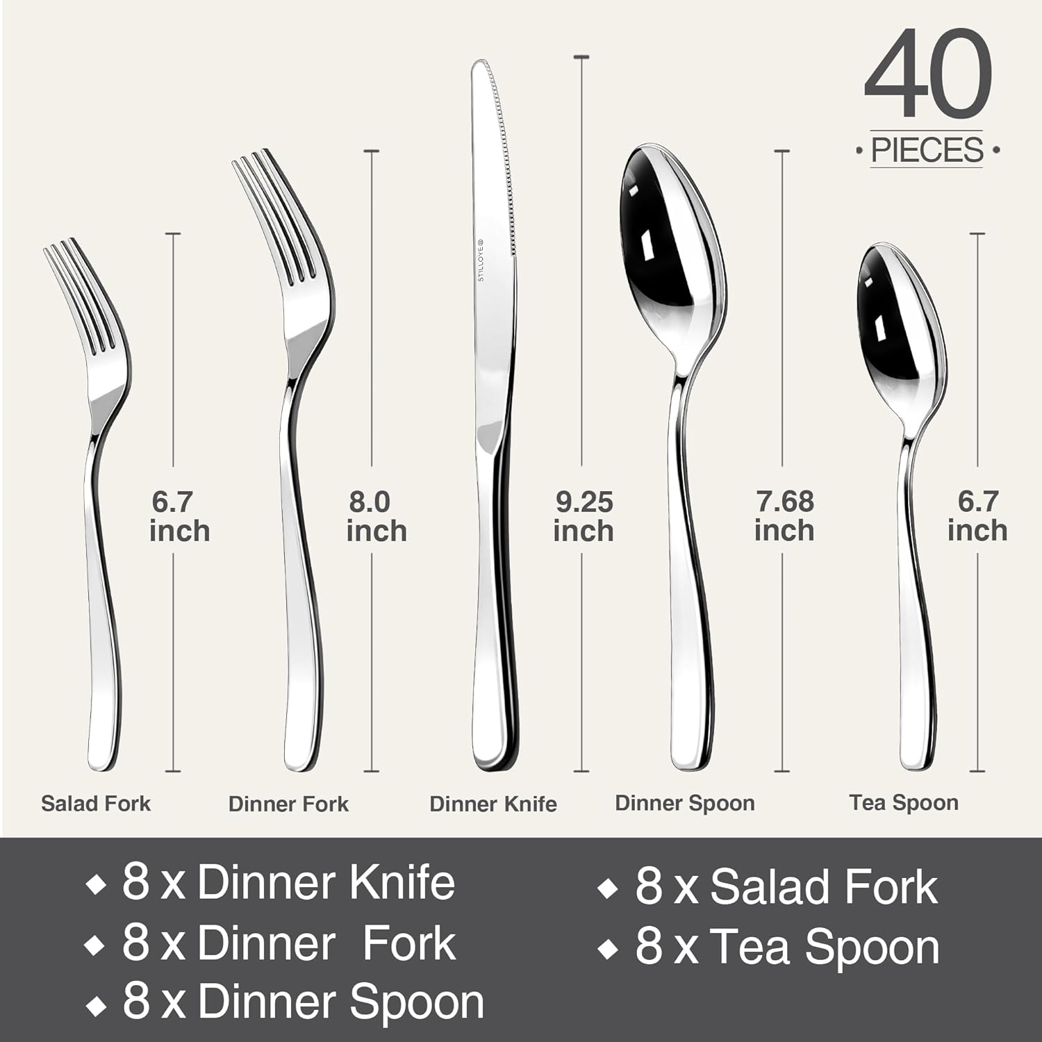 Regine Switzerland 40-Piece Silverware Set for 8 - Mirror Polished Stainless Steel Utensils | Dishwasher Safe & Rust Proof