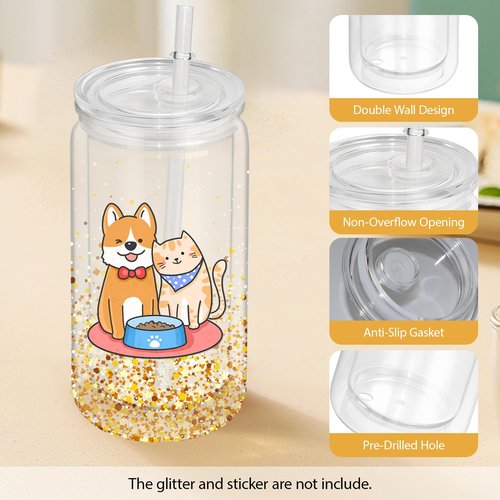 16 PCS Plastic Snow Globe Tumbler,16 oz Double Wall Tumbler with Pre Drilled Hole,Bulk Snow Globe Cups with Clear Lip and Straw,DIY Glitter Snowglobe(No gold powder)