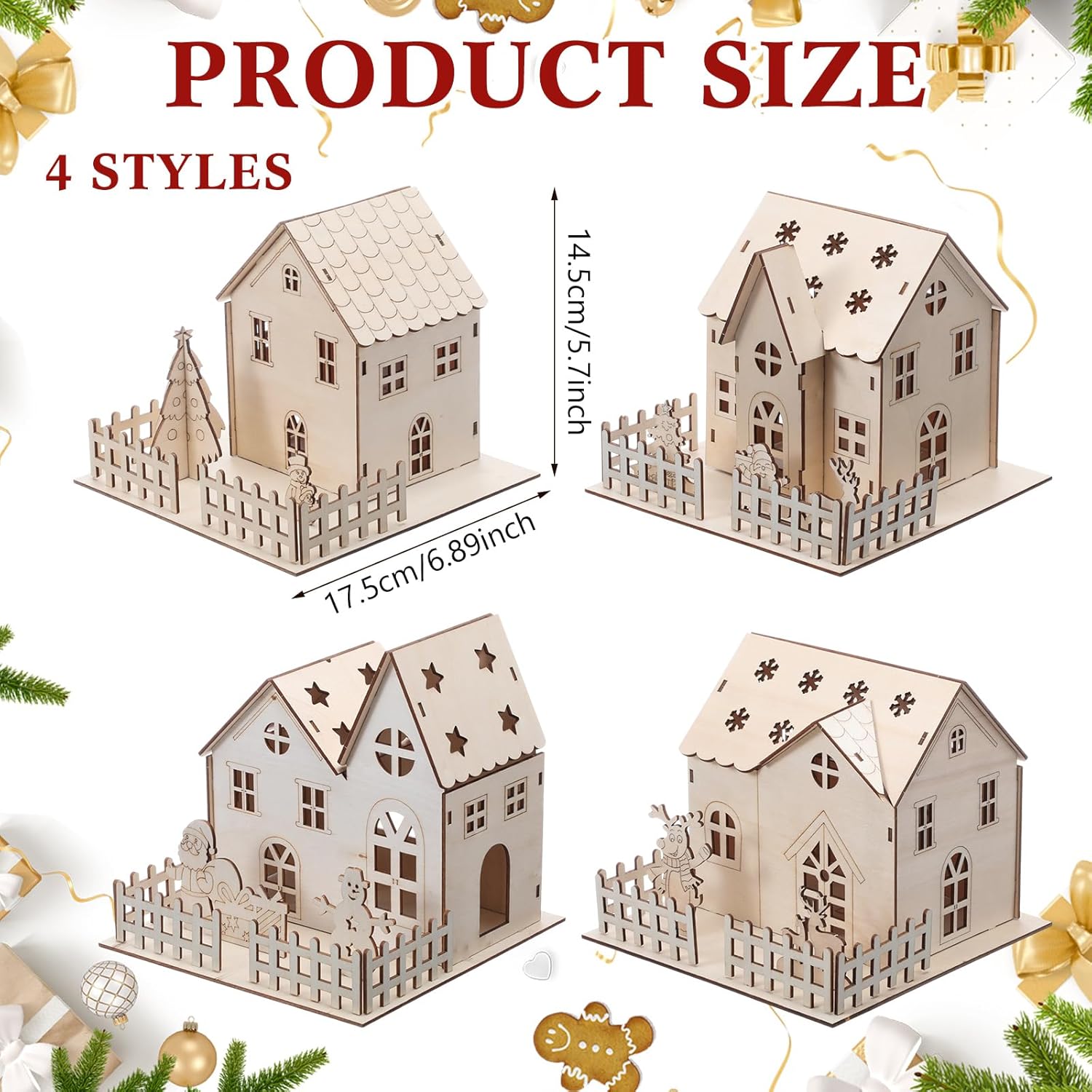 Qunclay Christmas Village Set - 4 Unfinished Wooden Houses for Holiday Crafts & Table Decor