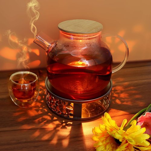 Tea Warmer Petals Silhouette, JUKFITA Silver Brushed Stainless Steel Teapot Warmer, Includes 1 Tealight Holder