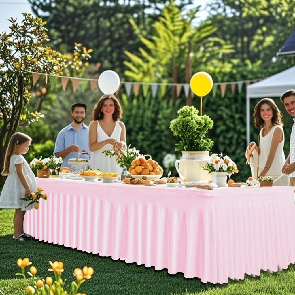 JCJ Table Skirt for Rectangle Tables Set of 2 Spandex Fitted Pink Tablecloths for 6FT Tables, Wrinkle Resistant Ruffles Elastic Table Cover Skirts for Weddings Banquets Parties Teacher Desk