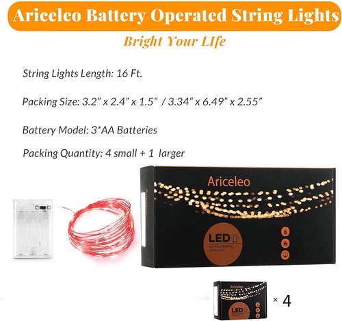 Ariceleo LED Fairy Lights - Battery Operated Copper Wire String Lights | 5m/16ft Red for Bedroom & Events