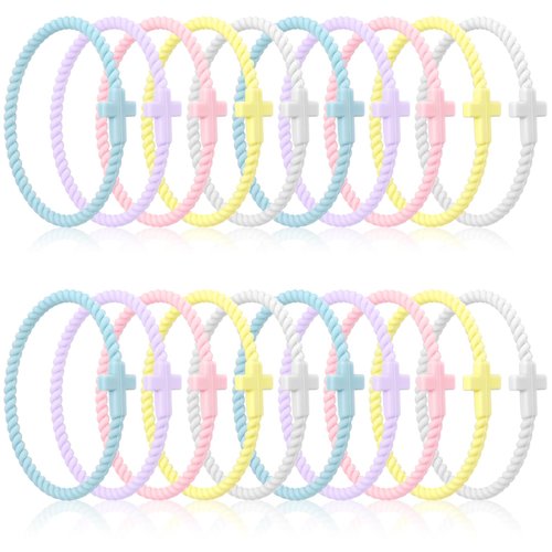 Soaoo 24 Pcs Silicone Cross Bracelet Jesus Bracelets Braided Stackable Rubber Wristband Silicone Religious Jewelry Gift for Women