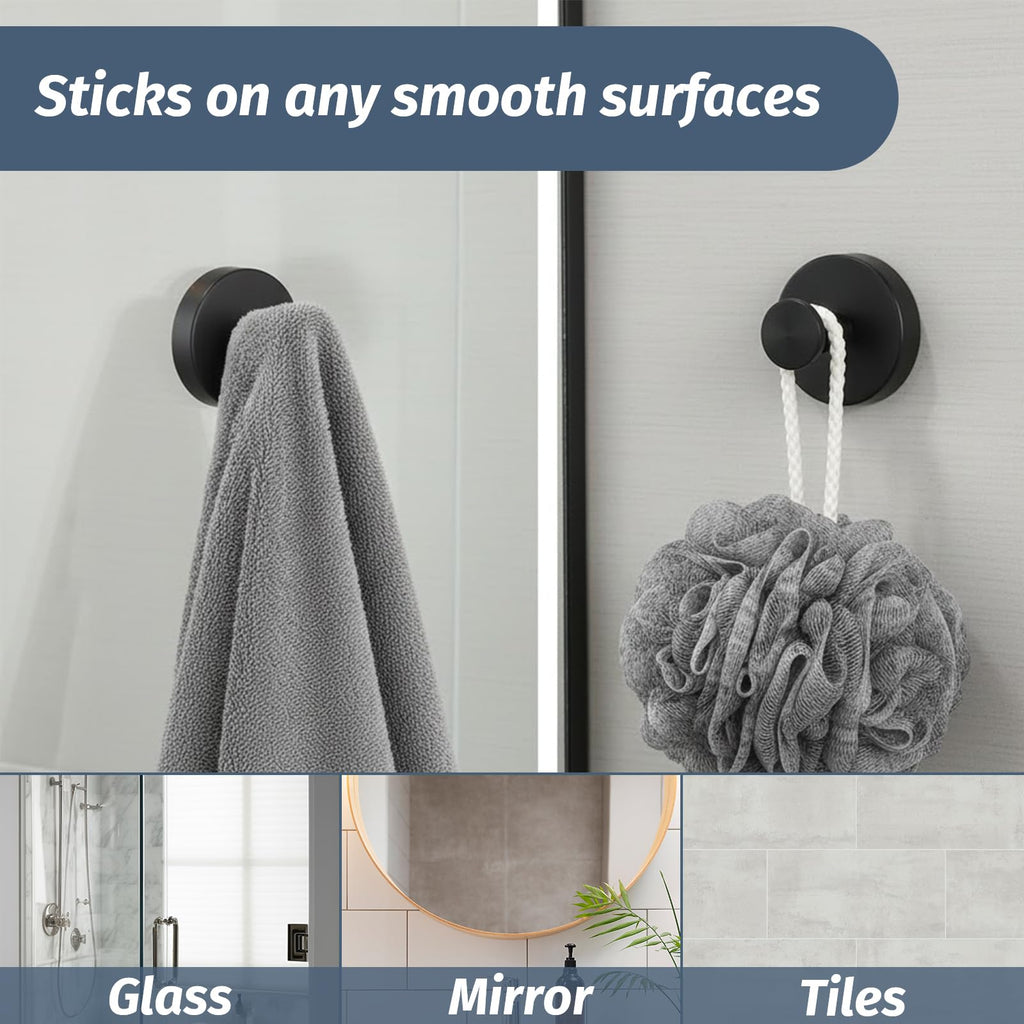 Rise age Suction Cup Hooks for Shower, Removable Towel Hooks for Bathrooms Wall Window, Glass No Drill Hooks for Hanging Wreath, Robe, Loofah 4 Pcs (Black, 4 PCs)