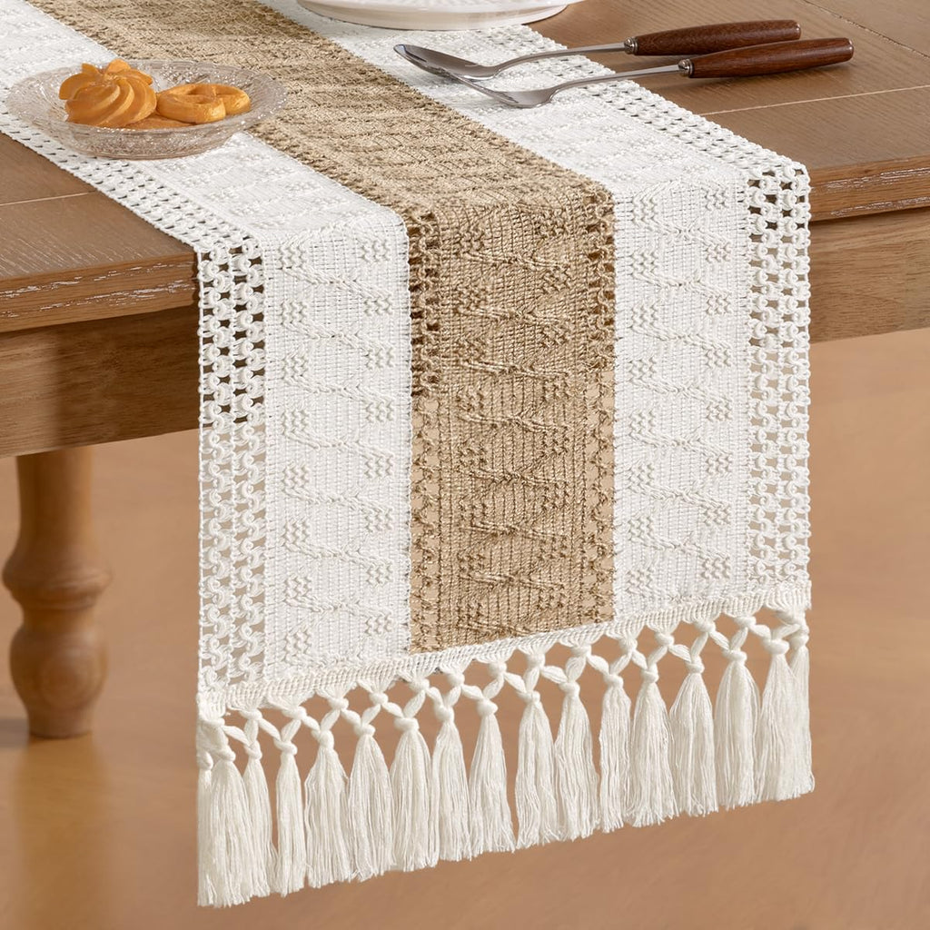 Socomi Boho Table Runner Summer Farmhouse Rustic Dining Kitchen Centerpiece Decor Small Macrame Woven Cotton Linen Coffee Table Runner for Dresser Scarf Home Decor 12x72 inch