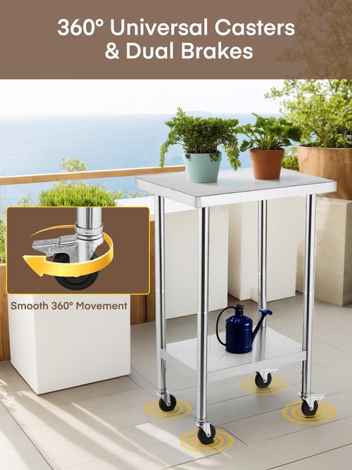 Stainless Steel Table for Prep and Work 24 x 18 Inches, NSF Metal Commercial Worktables, W/4 Caster Wheels for Restaurant, Home, Outdoor, Garden, Warehouse and Hotel