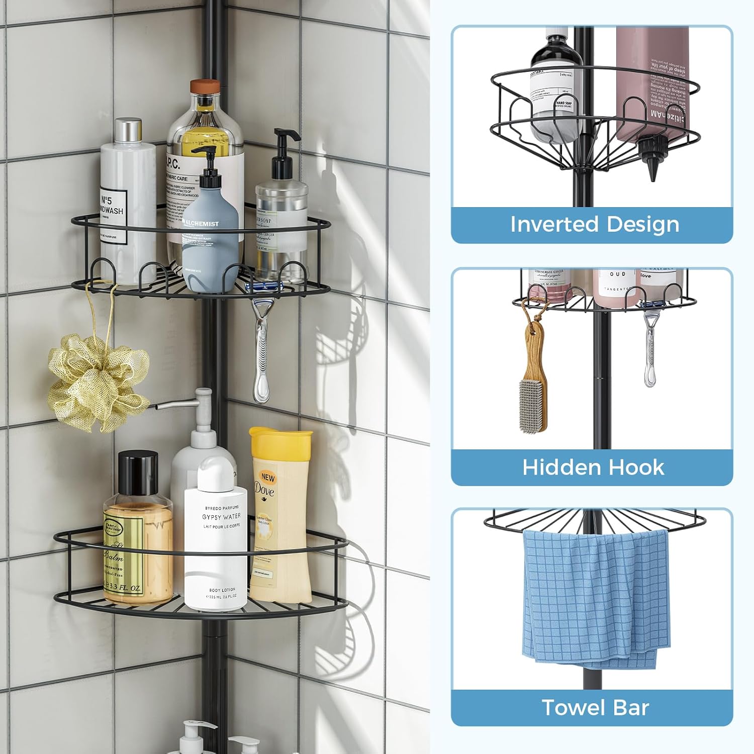 Skiennix Corner Shower Caddy - 4-Tier Adjustable Bathroom Organizer with Hidden Hook & Towel Holder | 63.7-119 Inch, Black