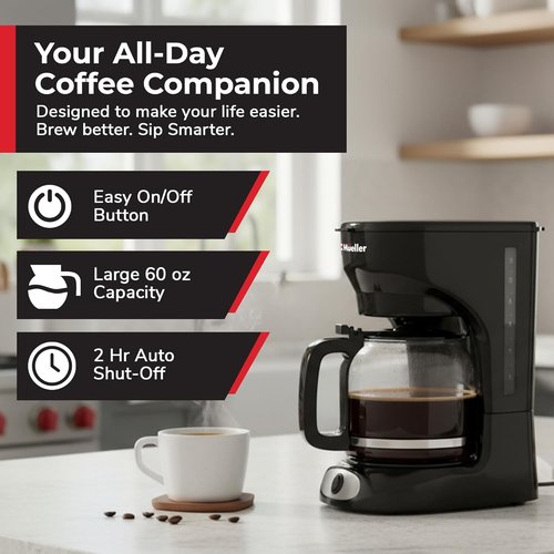 Mueller 12-Cup Drip Coffee Maker - Auto-Off, Reusable Filter & Borosilicate Carafe | Kitchen Essential