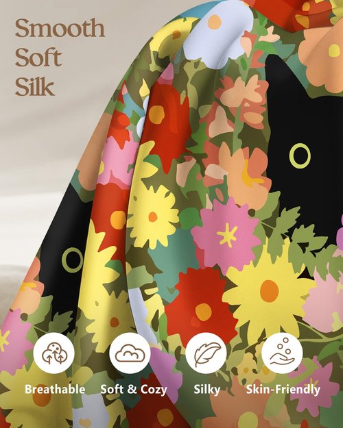 Miss Adola Silk Pillow Cases 2 Pack - Standard Size 20 x 26 Inch Silky Pillowcase for Hair and Skin Soft Cute Aesthetic Bed Sleeping Pillow Cover with Zipper for Women, Cat Flowers