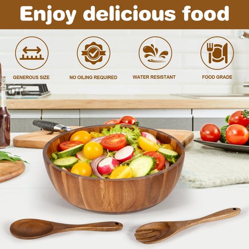 MYRAINBOW Wooden Salad Bowl Set 11.8 Inch – Acacia Large Wood Salad Bowl with Wooden Serving Utensils, Big Salad Bowls for Fruits, Food Serving & Hosting Family Gatherings
