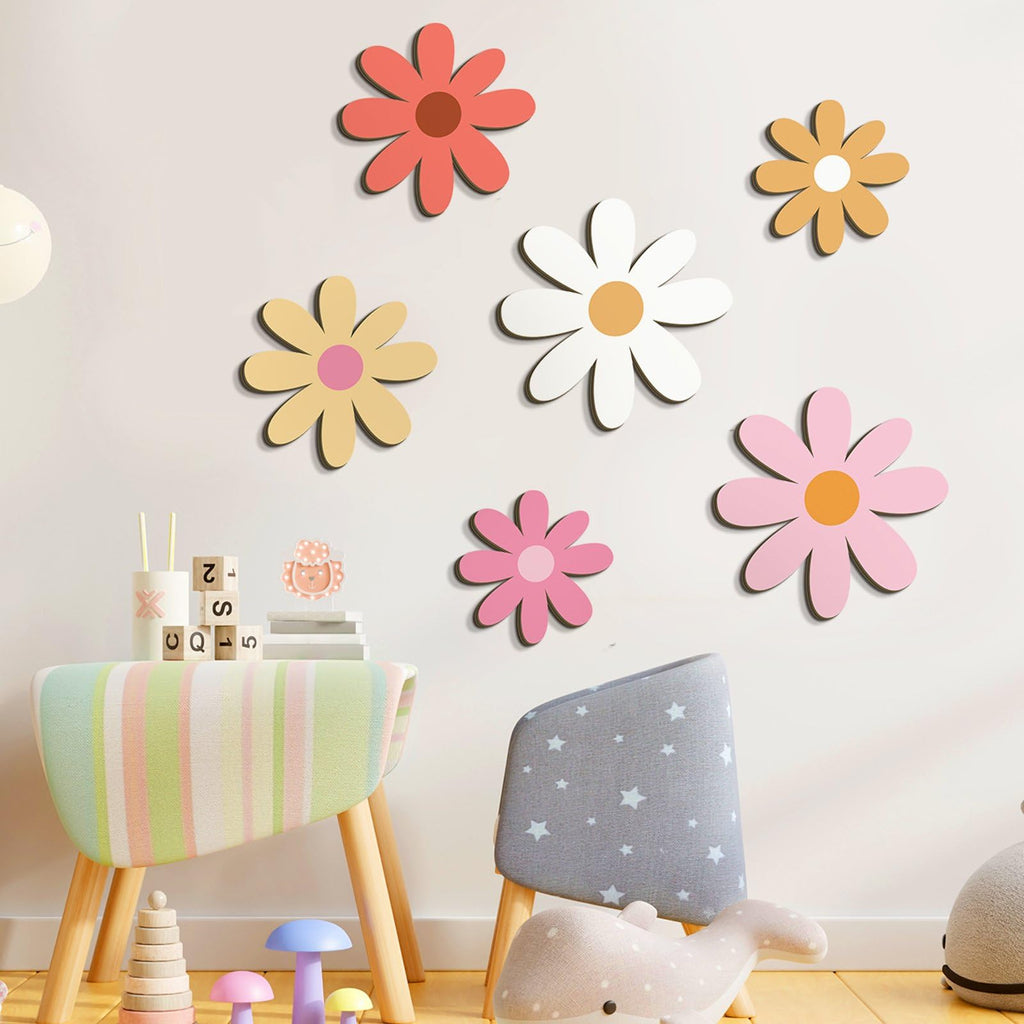 Thyle 6 Pcs Boho Daisy Wall Decor Boho Nursery Decor for Girls Natural Wall Hanging Bohemian Wooden Art Farmhouse Flower Hanging Signs for Home Office Nursery