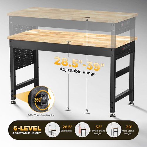 CAMMOO Adjustable Heavy Duty Workbench - 2000 LBS Capacity Rubber Wood Table | Garage & Workshop Use