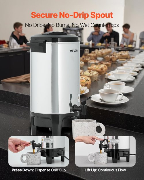 VEVOR Commercial Coffee Urn, 40 Cup 203oz Hot Beverage Dispenser with Dripless Faucet, 1090W Quick-Brewing Coffee Maker, Automatic Temperature Control, for Catering, Party, Church & Restaurant