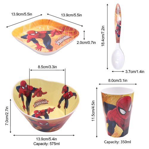 4 Pcs Set Cartoon Durable Tableware Meal Dishes Mealtime Food Feeding Eating Set includes Dinner Serving Bowl Plate Cup with a Matching Spoon and Fork