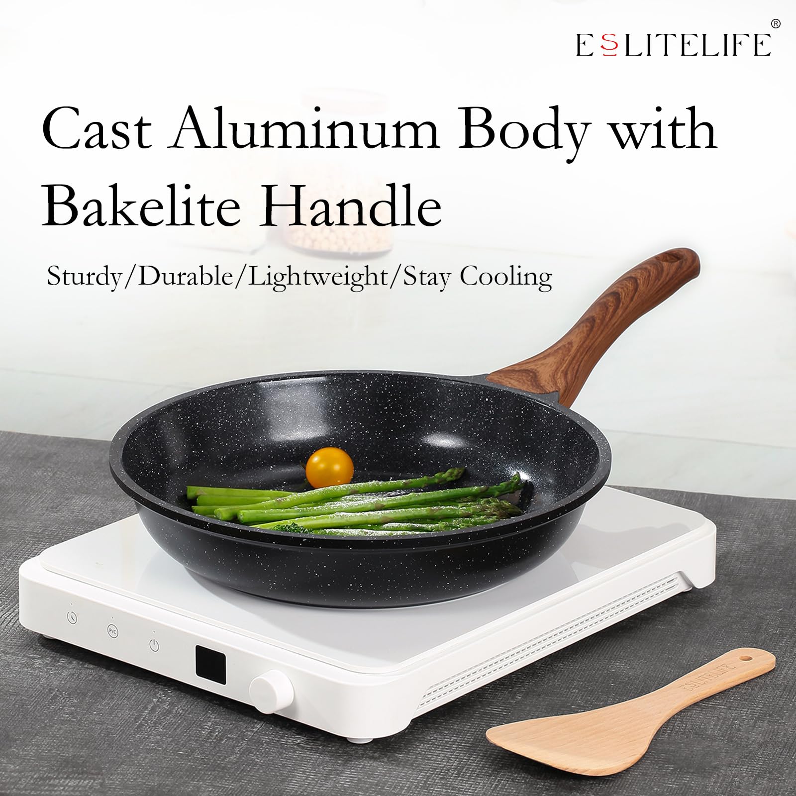 ESLITE LIFE Nonstick Ceramic Frying Pan Skillet with Lid, Non-Toxic Egg Omelette Kitchen Cooking Pans Compatible with All Stovetops (Gas, Electric & Induction), PTFE & PFOA Free (Black, 8" w/Lid)