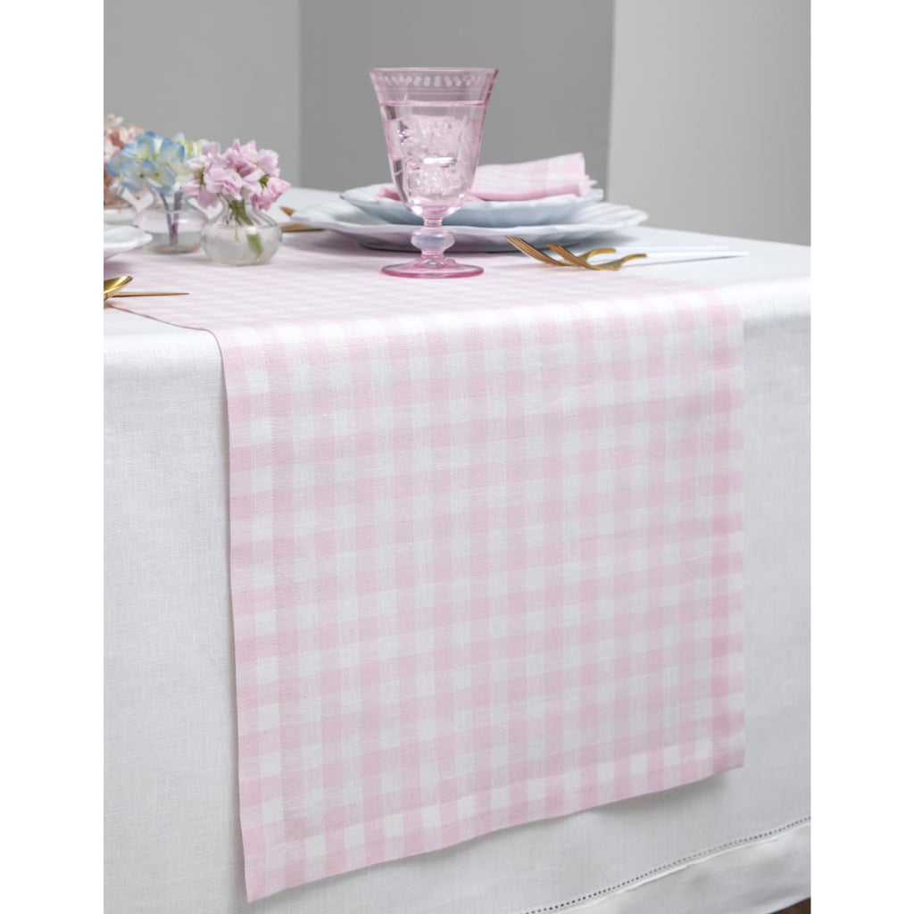 Solino Home Linen Gingham Table Runner 132 Inches Long - 100% Pure Linen Marshmellow Pink Checkered Table Runner 14 x 132 Inch Ideal for Dining, Mothers Day, Spring, Summer