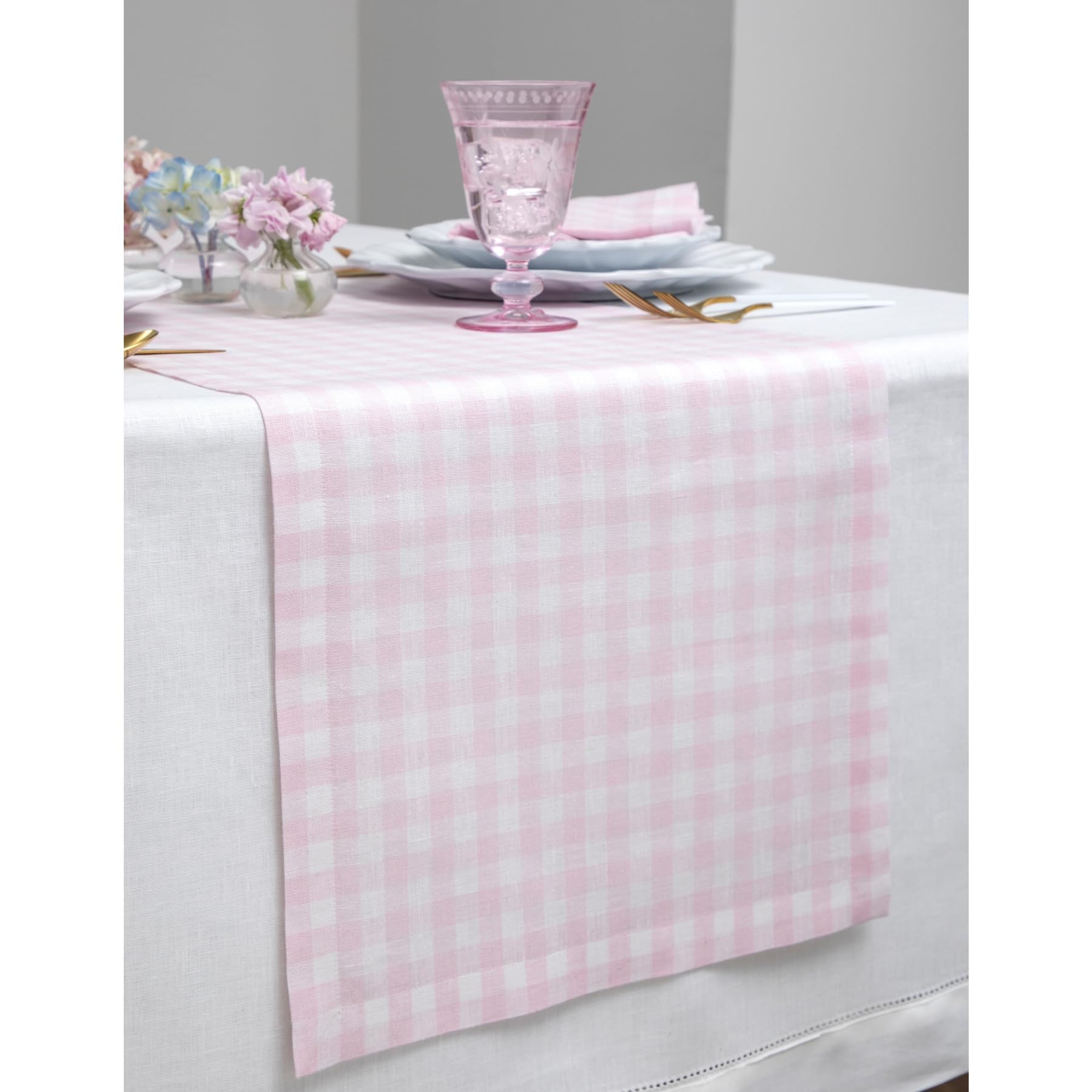 Solino Home Linen Gingham Table Runner 132 Inches Long - 100% Pure Linen Marshmellow Pink Checkered Table Runner 14 x 132 Inch Ideal for Dining, Mothers Day, Spring, Summer