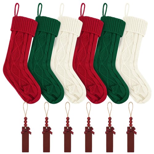 YSZquildore Personalized Christmas Stockings 18 Inch Large (6 Pack) - Knitted Xmas Stockings with DIY Wooden Name Tags for Fireplace Mantel, Family Holiday Decor (White&Red&Green)