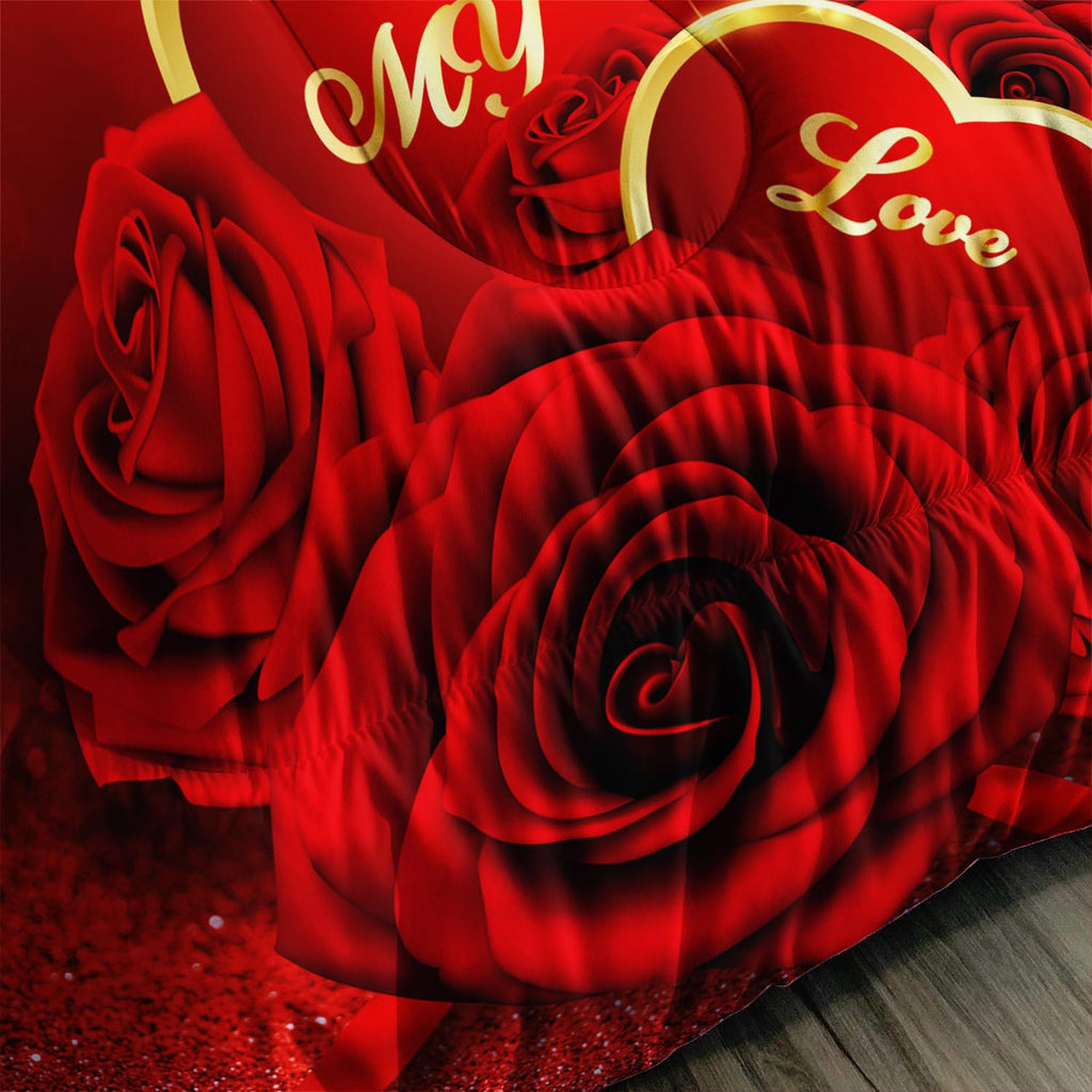 AILONEN Red Rose Comforter Set Queen Size,Romantic Hearts Couple Love Bedding Set,3D Rose Floral Bedding Queen Comforter Set Glitter Bed in a Bag 3 Pieces, 1 Quilt and 2 Pillowcases