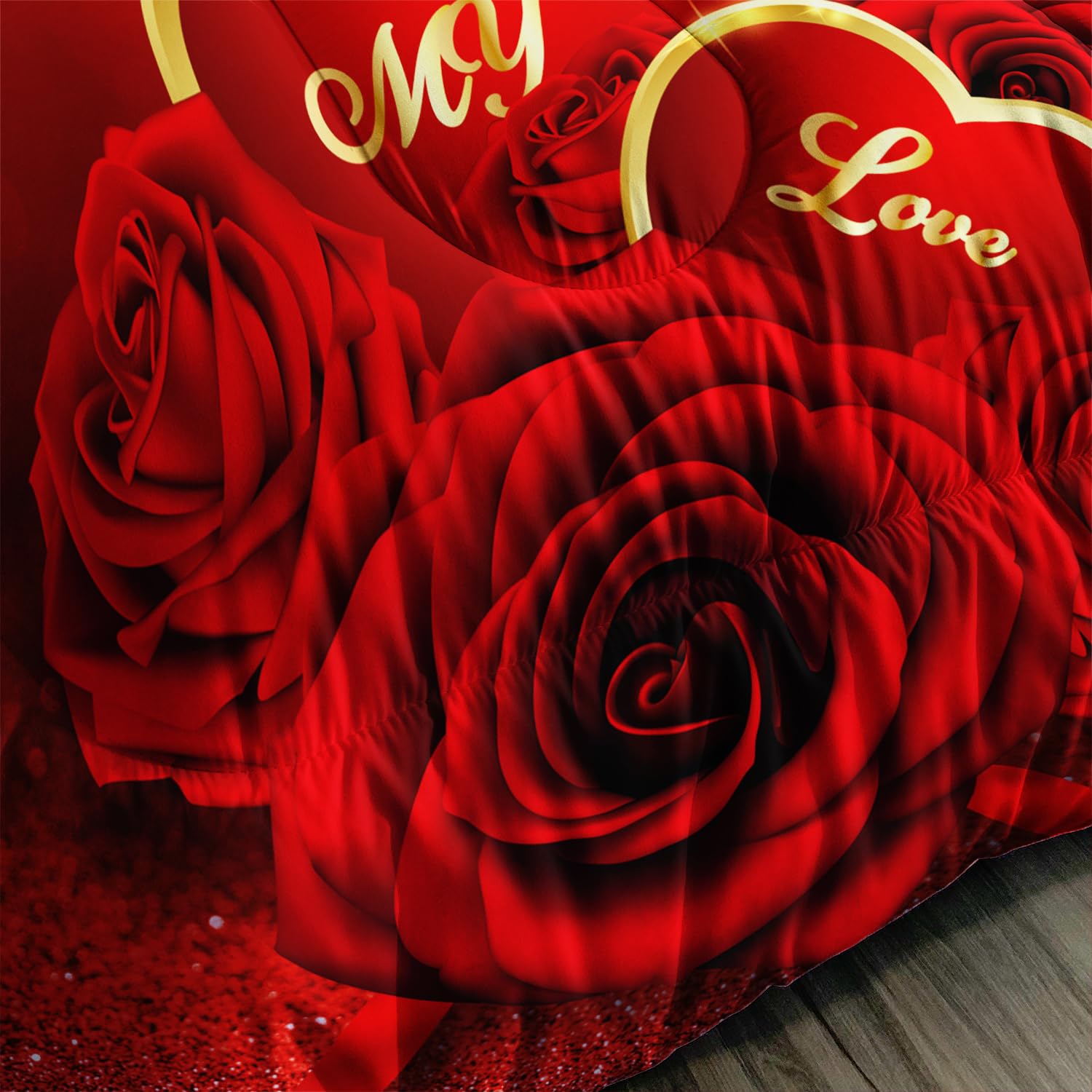 AILONEN Red Rose Comforter Set Queen Size,Romantic Hearts Couple Love Bedding Set,3D Rose Floral Bedding Queen Comforter Set Glitter Bed in a Bag 3 Pieces, 1 Quilt and 2 Pillowcases
