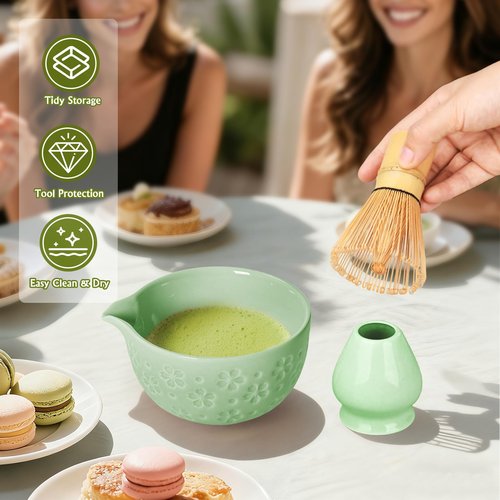 Matcha Whisk Tea Set Kit: Japanese Matcha Kit - Ceramic Bowl Bamboo Whisk Chasen Holder spoon Measuring Scoop Sifter - Traditional Practical for Tea Ceremony Breakfast Lattes - Home Kitchen Christmas