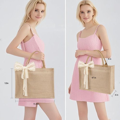 12pcs Burlap Tote Bag Set with Handles, Waterproof Reusable Blank Water Resistant Grocery Bags with Ribbon Large Jute Tote 15.35*6*12 Inch for Women Bridesmaid Gift Beach Shopping Wedding Travel DIY