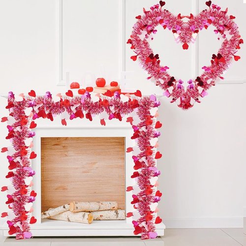 33ft Valentine Garland, Metallic Tinsel Decor |Red, Pink & White Sparkling Heart Garland with Glitter, Perfect for Wall, Party, and Photo Backdrop Valentine's Day Decorations.