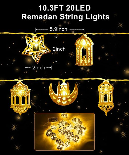 Fussion Ramadan String Lights - 20 LED Battery Operated Moon & Star Decor | 10.3 Feet for Home & Bedroom