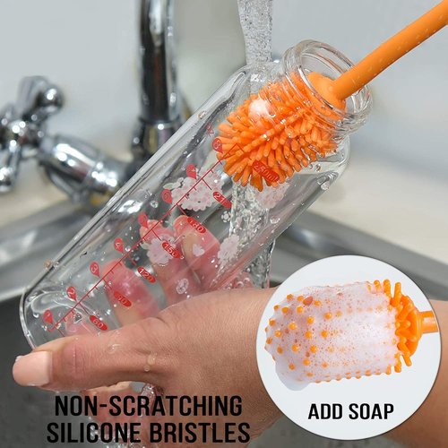 Kitchiny 12.5" Silicone Bottle Brush & Straw Cleaner Brush Set | Water Bottle Cleaner for Hydro Flasks, Tumblers, Glassware, Vases and Narrow Neck Containers