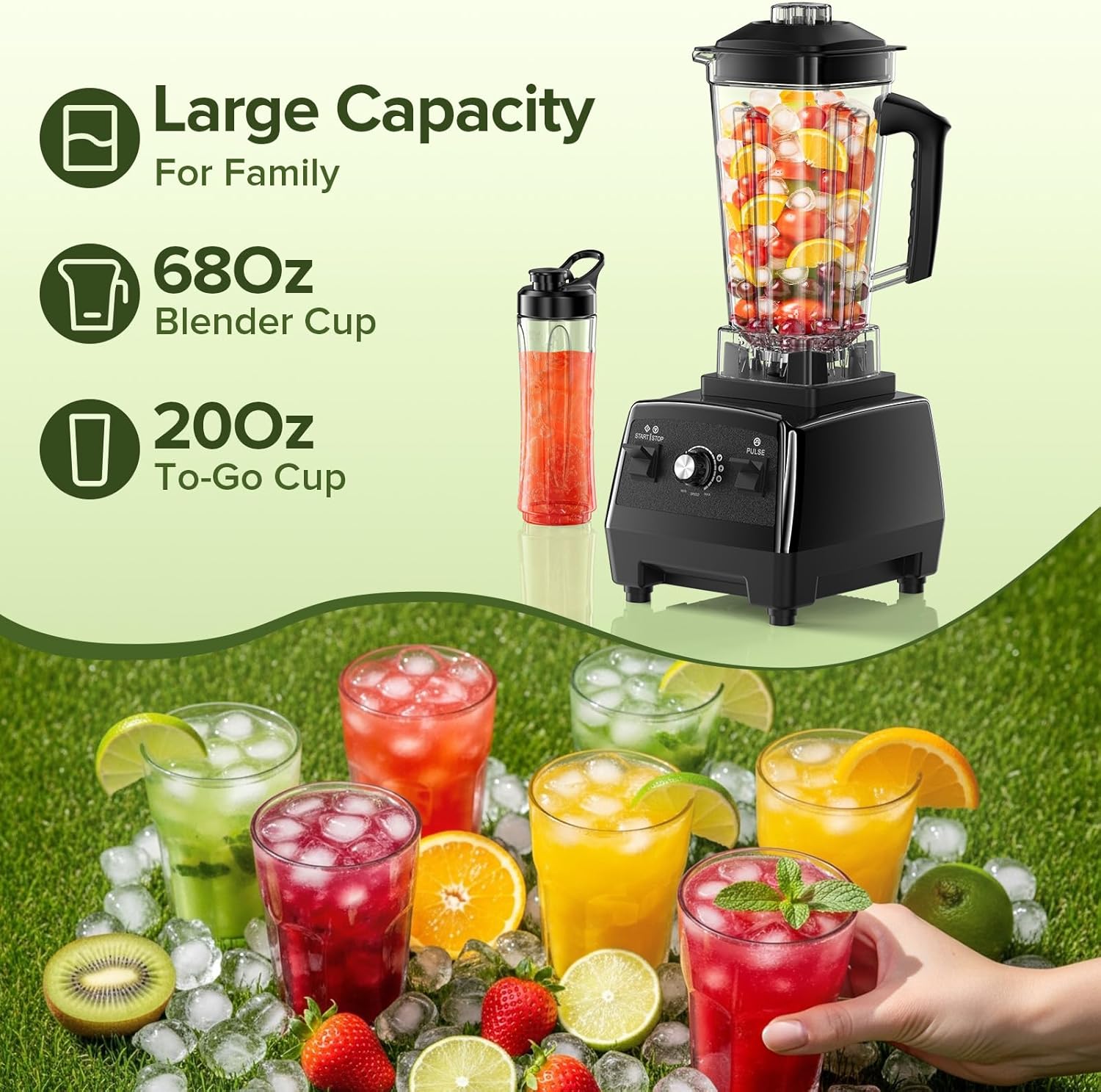 Skiennix Blender - Smoothie Maker with 68Oz Pitcher & 20Oz Juicer Container | Ice Crushing, Black