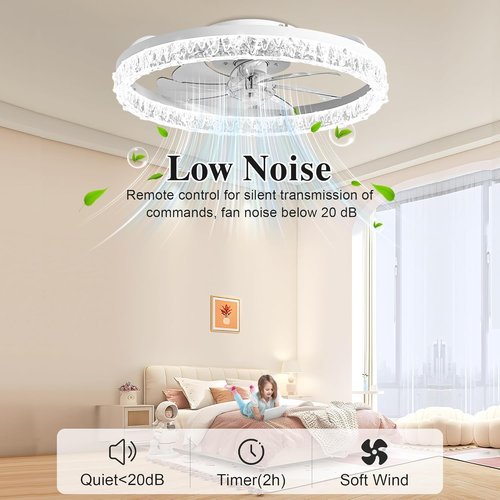DIAMONDFORGE Ceiling Fans with Lights and Remote Fandelier - 20" Flush Mount Low Profile Modern Ceiling Fans for Bedroom - Stepless Color Temperature and 6 Speeds, White Irregular Crystal