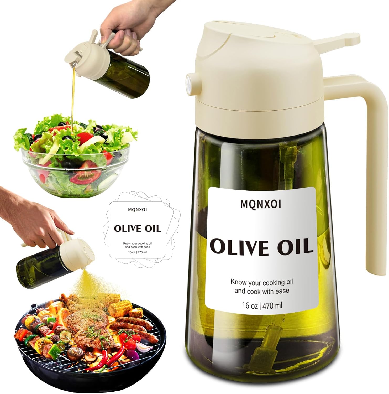 Skiennix 2-in-1 Glass Oil Sprayer & Dispenser - 16oz Olive Oil Bottle for Cooking & Salad | White & Dark Green