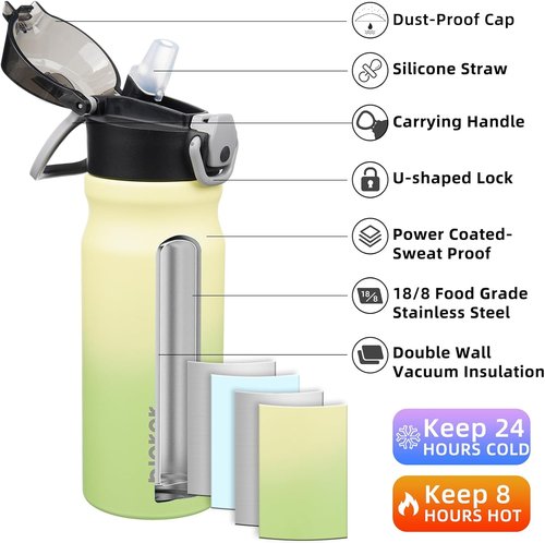 BJPKPK Insulated Water Bottle - 18oz Stainless Steel Flask with Straw & Carry Handle - Lime Green