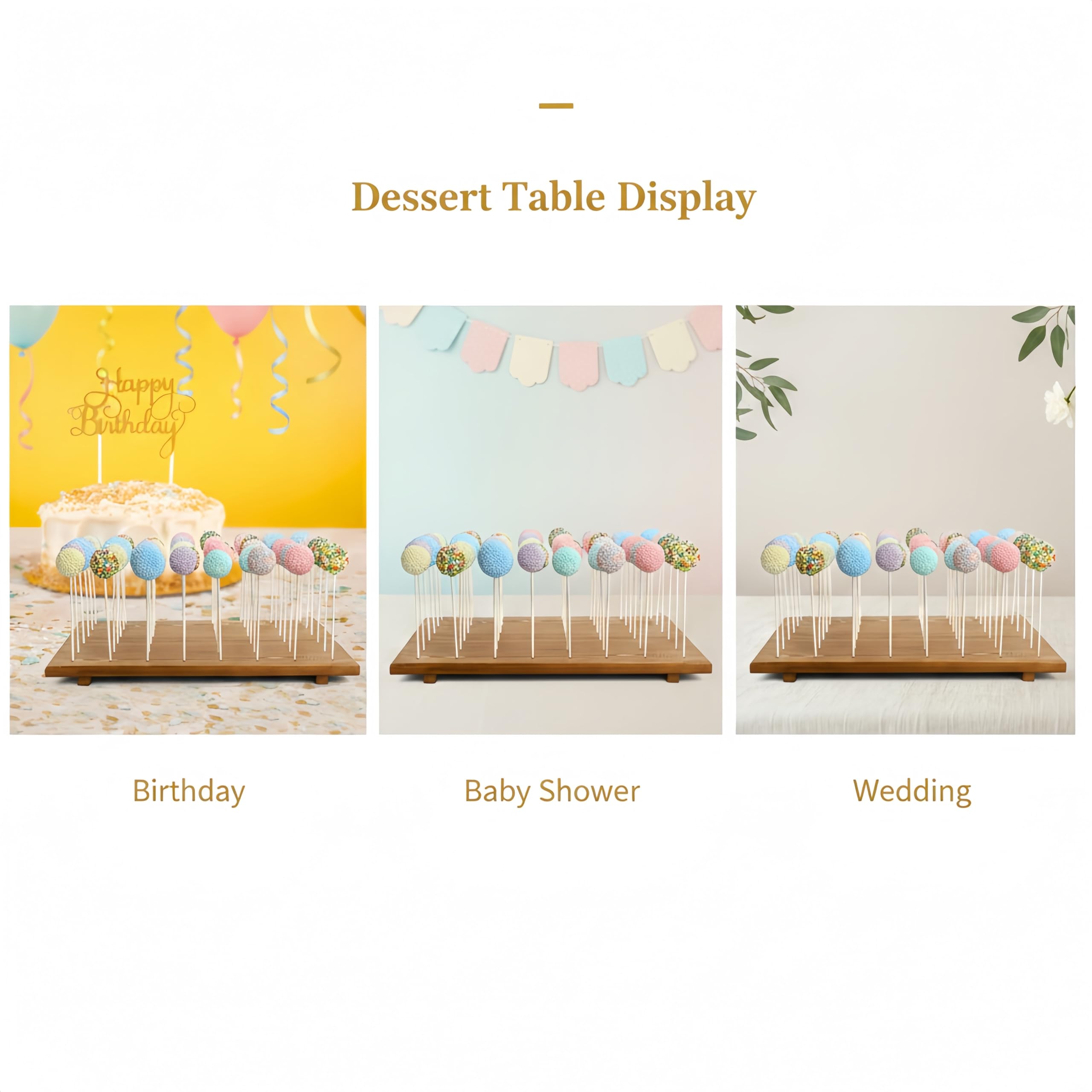 Relaxing Garden 48 Hole Cake Pop Stand, Wooden Cake Pop Display Board with 100 Sticks, 100 Treat Bags & 100 Twist Ties, Dessert Table Holder for Birthday, Baby Shower, Wedding & Parties