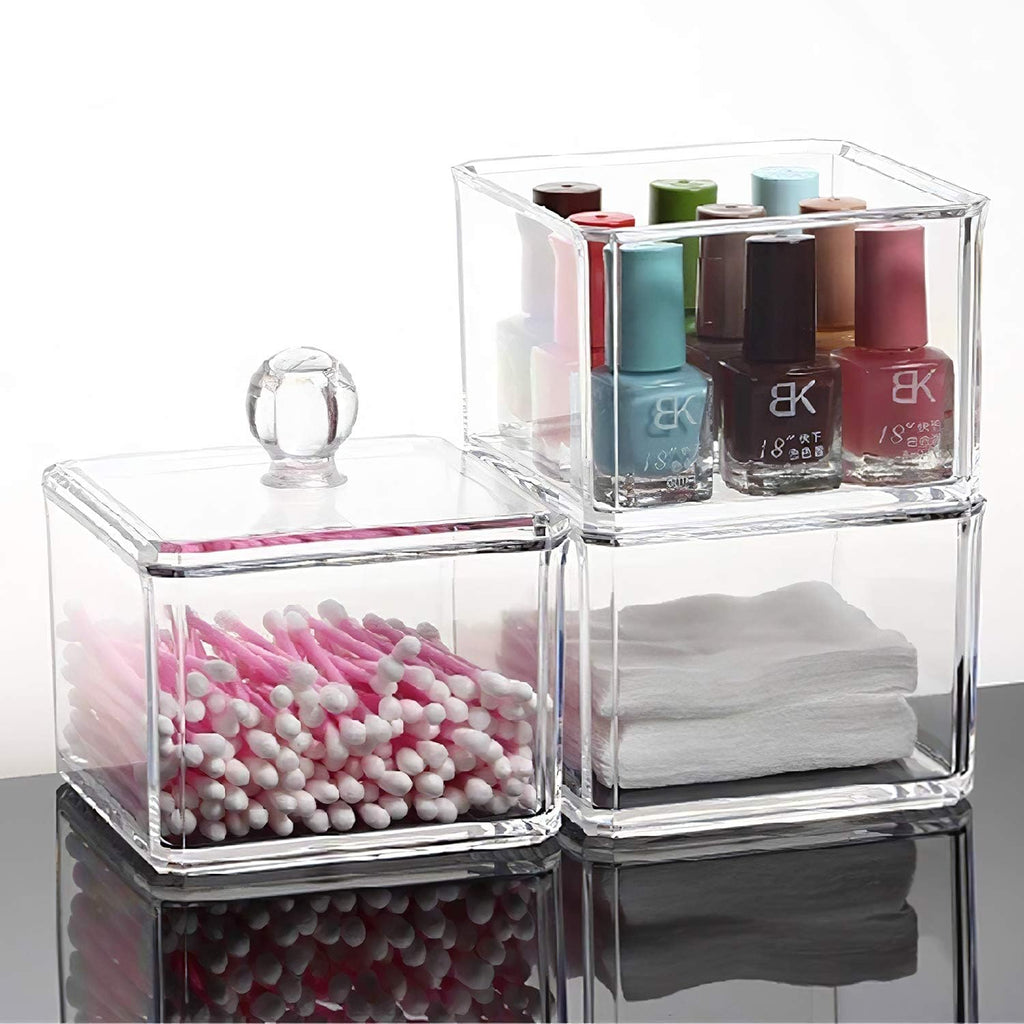 Skiennix Stackable Square Acrylic Cotton Ball Holder - Stylish Q-Tip Dispenser for Bathroom | Single Pack
