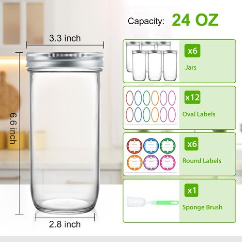 CARBLIN Wide Mouth Mason Jars 24 oz, 6 Pack 720ml Glass Canning Jars with Airtight Lids, Large Storage Jars with Labels Brush, Clear Mason Jars for Canning, Fermenting, Pickling, DIY Projects