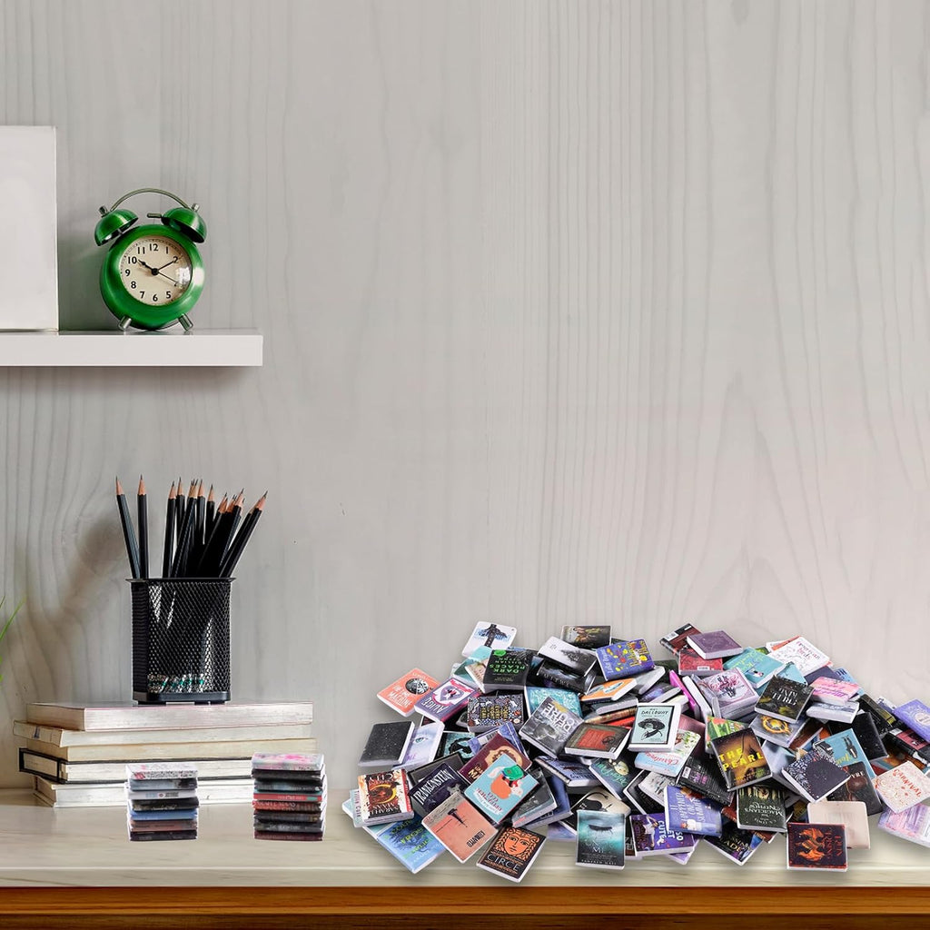 Skiennix Miniature Book Set - 300 Pcs Anxiety Bookshelf Decor | 1:12 Dollhouse Accessories